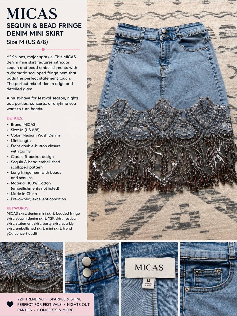 MICAS Medium Wash Denim Mini Skirt with Beaded Fringe
